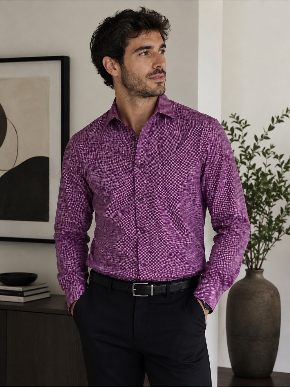 Stacy Adams Men's Purple Micro-Pattern Dress Shirt